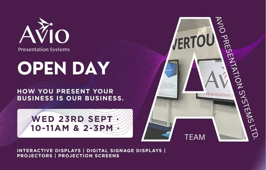 Graphic with detail about the Avio Presentation Systems Open Day on 23rd September 2026.