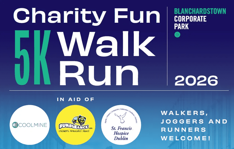 Info graphic with details on the 2026 Blanchardstown Corporate Park 5K Charity Fun Run